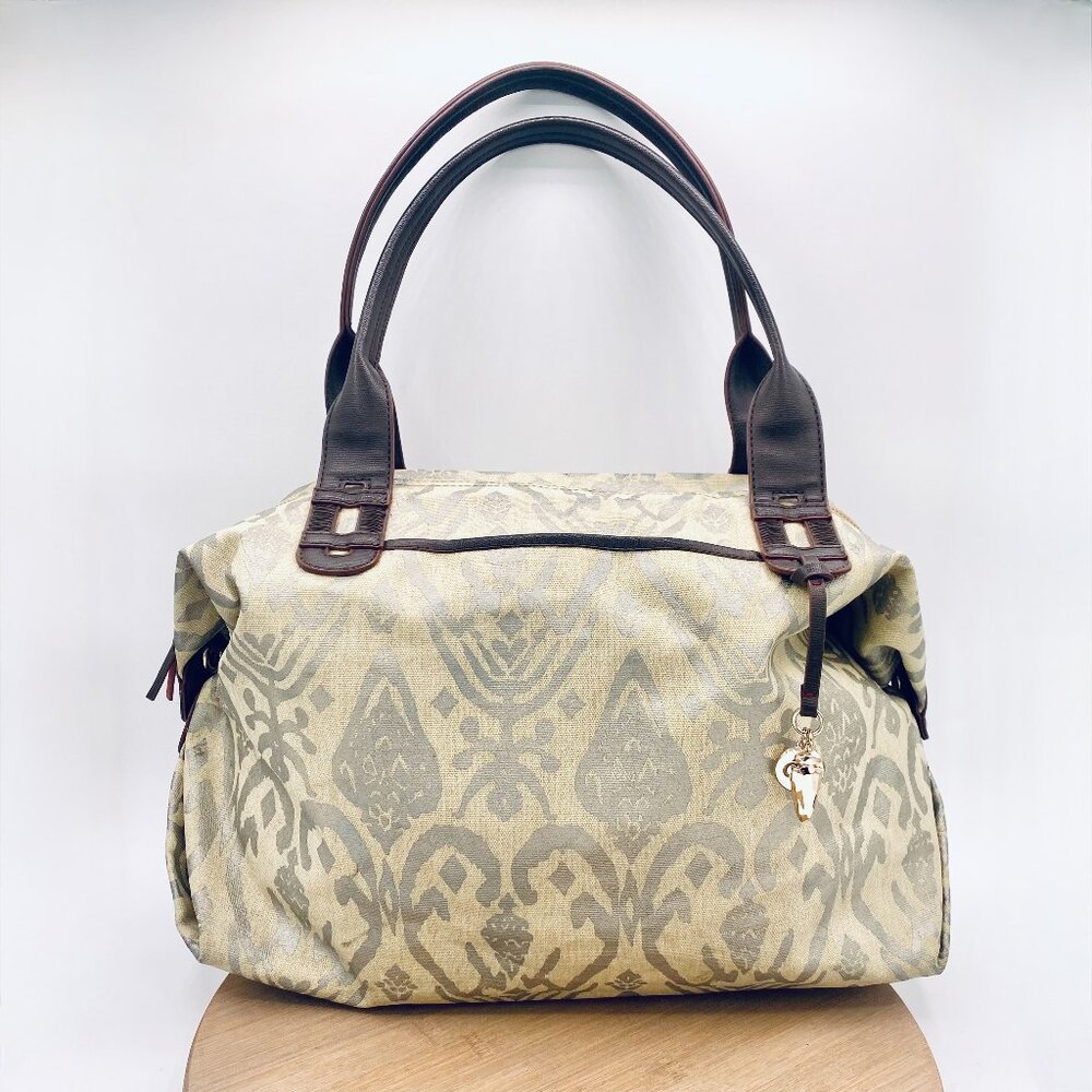 Stella Dot Purse Womens XL Beige Canvas Leather Business Bag Tote